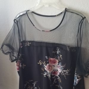 Plus Size Flower Print Mesh Panel Blouse
